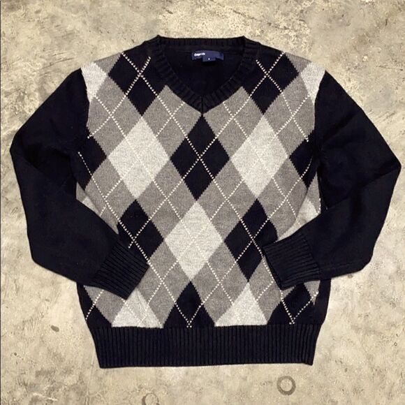 GapKids Black/Gray Argyle V-Neck Sweater Small - Picture 2 of 6